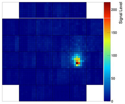  試作望遠鏡と焦点面カメラで撮影された、 CTA 計画では初めてとなる宇宙線空気シャ ワーの例